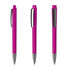 A vibrant pink transparent plastic pen with a silver clip and tip, showcased from multiple angles.