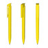 A yellow plastic pen displayed from three angles, featuring a sleek design and a clip.