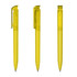 A transparent yellow plastic pen featuring a clip and a smooth writing tip, displayed from different angles.