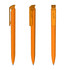 An orange plastic pen with a transparent clip, displayed from multiple angles. Features a simple design and functional details.