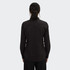 A women's black button-up poplin shirt featuring long sleeves and a fitted design, with a simple logo on the back.