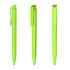 A set of three bright green plastic pens, featuring a clip and a smooth pen tip. The product has a logo.