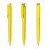 Three yellow plastic pens with a sleek design, featuring clips for attachment and a glossy finish.