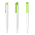 A white pen with a green clip, displayed from three angles. The pen features a simple design and has a logo.