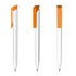 A white pen with an orange clip and tip, featuring a sleek design. The image shows multiple angles of the pen.