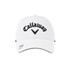 A white cap featuring a logo and black lettering, suitable for headwear.
