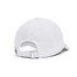 A white adjustable cap with a curved brim and a strap closure at the back, featuring a logo.