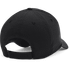 A black cap featuring a sleek design and a rear opening for an adjustable fit, with a logo on the side.