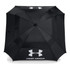 A black golf umbrella with a large canopy and a logo, designed for durability and coverage.