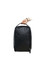 A black PU leather shoe bag held by a hand, featuring a zip closure and a handle for easy carrying.