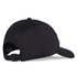 A black cap featuring a structured design and an adjustable strap at the back, with a logo present.