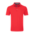 A red polo shirt with gingham trim on the collar and a logo on the neckline.