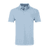 A light blue men's polo shirt with gingham trim and a logo on the collar.