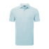 A light blue men's polo shirt with a striped design and a collar, featuring a logo at the neckline.