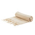 A rolled beige and cream striped picnic blanket with fringed edges, featuring a simple design. It has a logo.