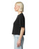 A black mid-length boxy top displayed on a model, showing a side view with short sleeves. The top has a logo.