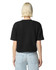 A black mid-length boxy top with short sleeves, displayed from the back on a model wearing light blue jeans.