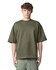 A unisex oversized boxy top in olive green with a crew neckline and finished seams. It features a logo.