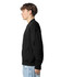 A black unisex bomber jacket with a zippered sleeve pocket, displayed on a model from the side.
