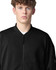A black unisex bomber jacket featuring a front zipper and a logo on the sleeve.