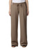 Wide leg women's pants in a light brown colour with an elastic waistband and drawstring. Features branding on the garment.