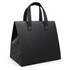 A black cooler bag with sturdy handles and a structured design, featuring a logo on the front.