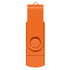 An orange Helix 8GB dual flash drive with a swivel design and a loop for attachment.