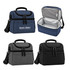 A cooler bag in blue, grey, and black with a zippered opening and a lined interior, featuring a logo.