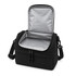 A black cooler bag with a silver interior, featuring a zippered top and adjustable shoulder strap.