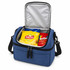 A blue cooler bag with a zippered opening, containing chips and candy inside. It has a branded logo.