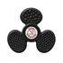A tactile fidget spinner in black with various textured surfaces and a central logo.