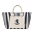 A striped tote bag in navy blue and cream featuring a logo on the front and sturdy handles.