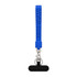 A blue wrist strap with textured sections, featuring a metal clip and a black attachment at the end.