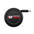 A black retractable car charger with a circular design and a connector at one end. It features a logo.