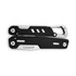 A black and silver multi-tool featuring a carabiner clip, with various implements folded inside. It has a sleek design.