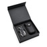 A black multi-tool and its carrying case inside a black box. The tool features various metallic attachments.