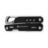 A black multi-tool with a carabiner clip, featuring various tools and a logo.