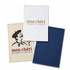 Three cotton tea towels in beige, white, and navy, featuring a logo and various designs.