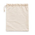 A cream-coloured drawstring pouch made of fabric, featuring a simple design without any text or branding.