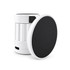A white and black phone holder with a circular base and a cylindrical body, featuring a logo.