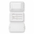 A white double tray lunchbox with a lid, featuring three utensils inside: a knife, fork, and spoon.