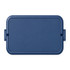 A blue double tray lunchbox featuring a secure lid and a simple design, with a logo on the surface.