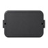 A black double tray lunchbox with a hinged lid and a simple design. It features a logo on the surface.