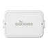 A white lunchbox with two compartments and a logo on the front.