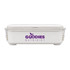 A white double tray lunchbox with a secure lid and a logo on the front.