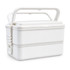 A white double tray lunchbox with a handle and two stacked compartments, featuring a simple design.