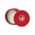 A red mini tin candle with a white wick and a lid featuring a leaf logo.
