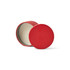 A red mini tin candle with a white wax interior and a visible wick. The tin has a smooth finish and a lid.