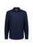 A navy long sleeve shirt with a button-up front and a collar, featuring a logo on the label.