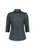 A women's 3/4 sleeve shirt in dark grey with a collared neckline and button-down front, featuring a logo.